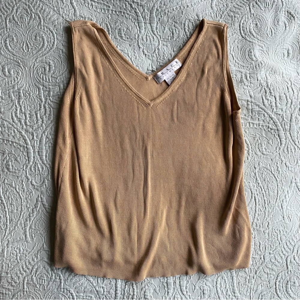 Grace Vintage 100% Silk V Neck Blouse M Taupe Nude Sleeveless Tank Double V